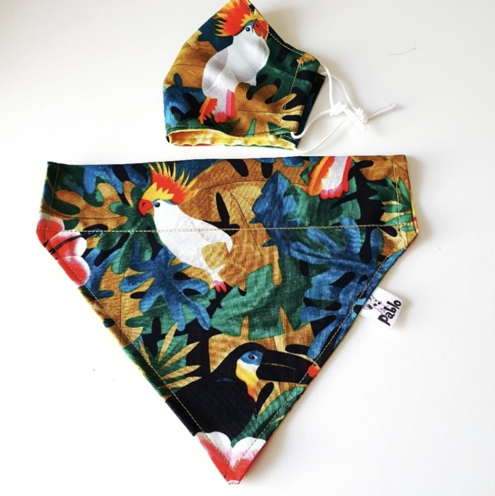 🐶 5 for $15 * Pablo Reversible Tropical Birds Dog Bandana / Face Mask Set